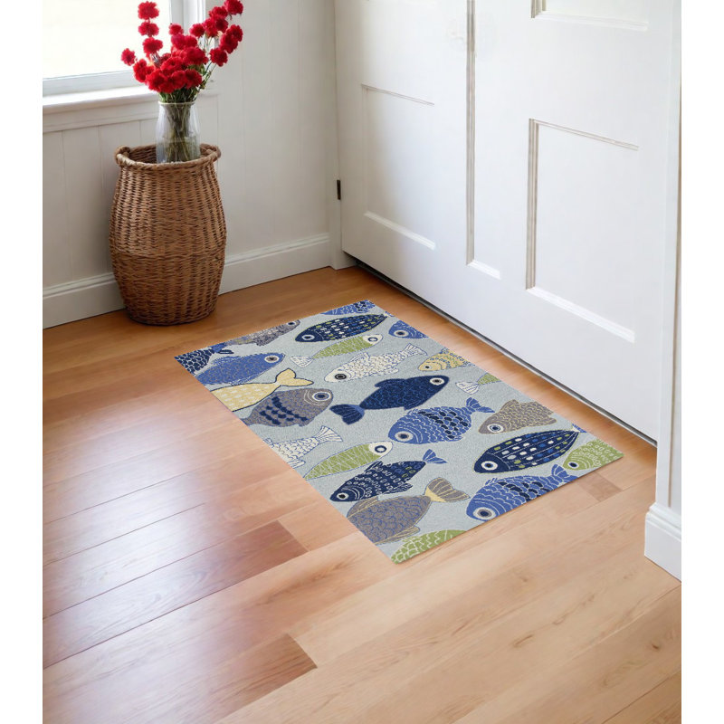 Petetia Blue and Ivory Fish Hand Tufted Area Rug, Rectangle 2' x 4'