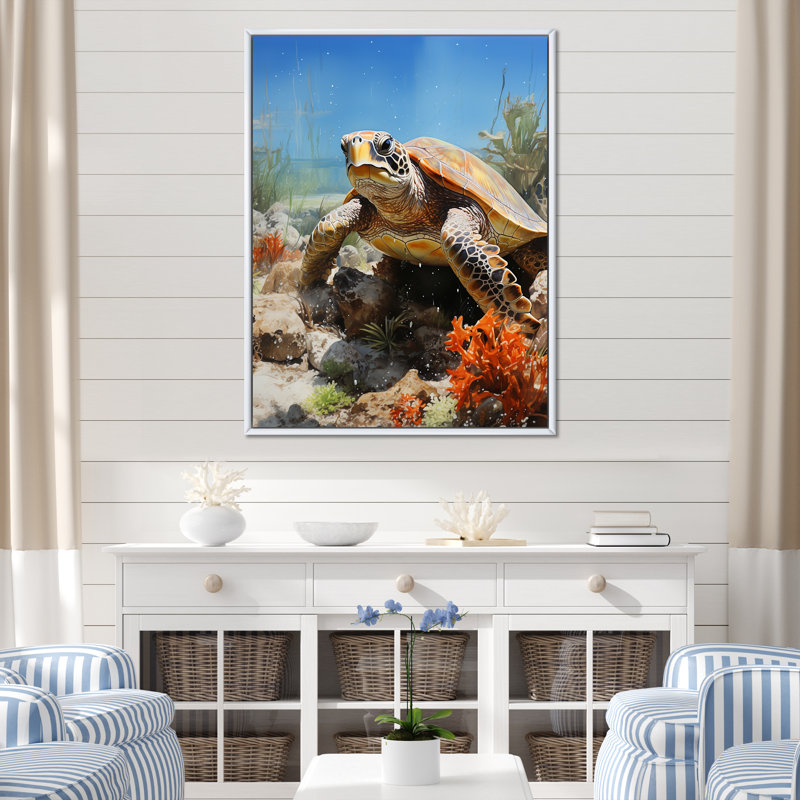 Aquarelle d'une tortue par le capitaine de la côte sur toile, Cadre flottant blanc, H 40 po x l 30 po x P 1,5 po