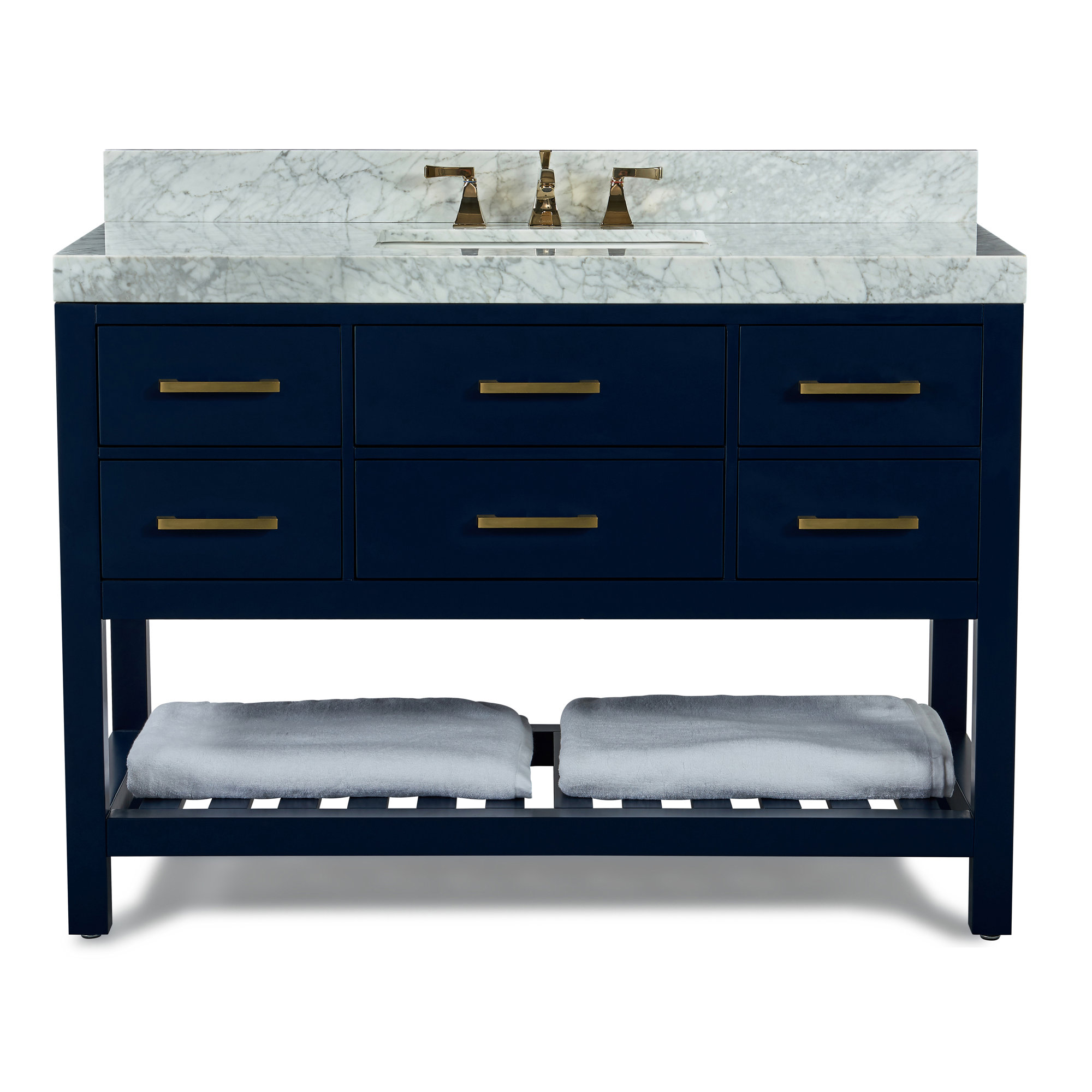 Carrie 48'' Single Bathroom Vanity, Carrara White Marble, Heritage Blue/Brushed Gold