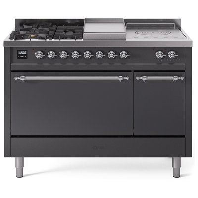 ILVE Nostalgie II Series 48 in. Dual Fuel Range with 5 Sealed Burners, Griddle, Frenchtop (Natural Gas, Solid Door)