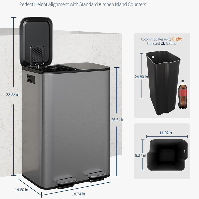 Stainless Steel Step On Kitchen Trash Can, 60.6 L