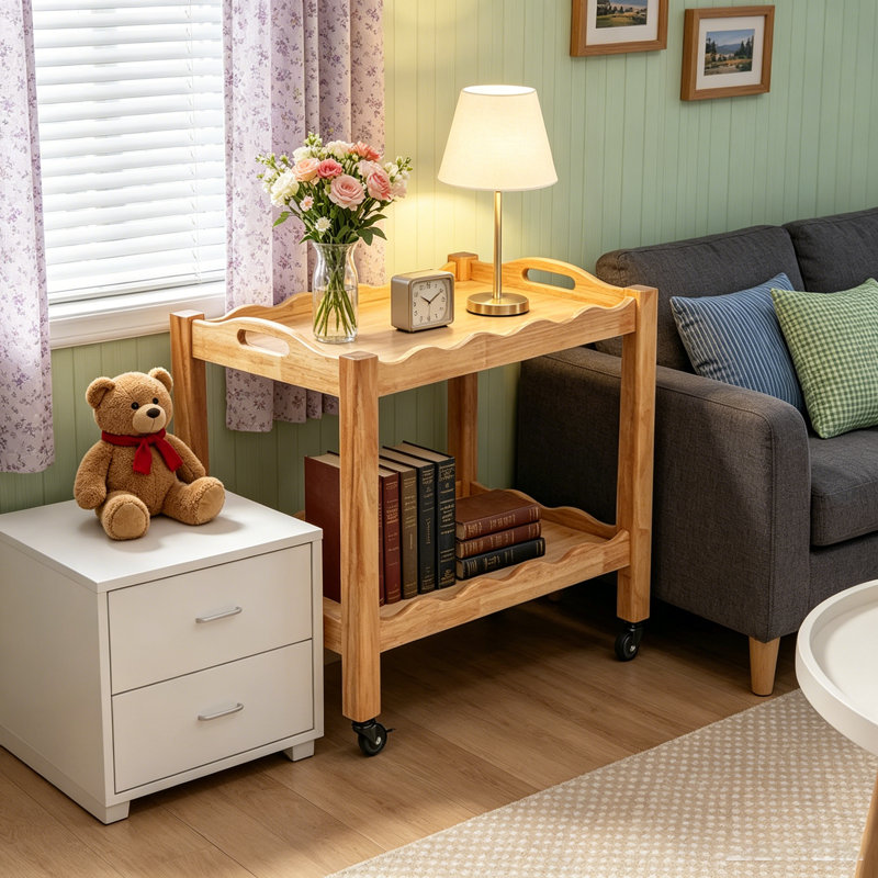 2-Tier Solid Rubberwood Rolling Side Table with Lockable Wheels & Removable Tray