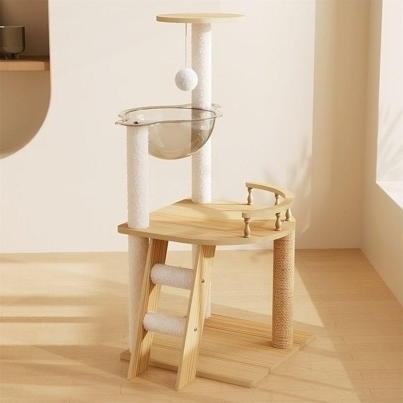 Wood Cat Tree Tower With Acrylic Hammock