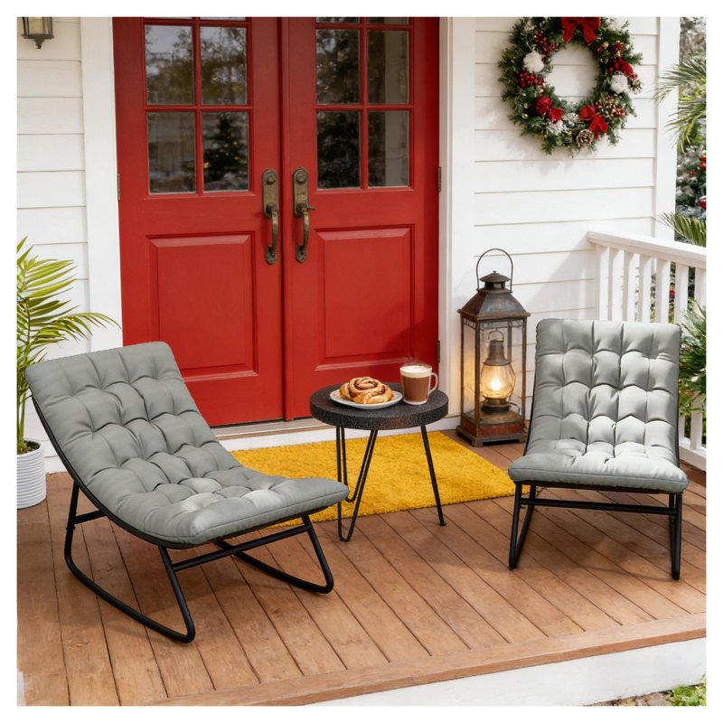 Ensemble de 2 chaises berçantes d'extérieur modernes avec larges sièges en mailles et chaises berçantes en acier noir et gris foncé
