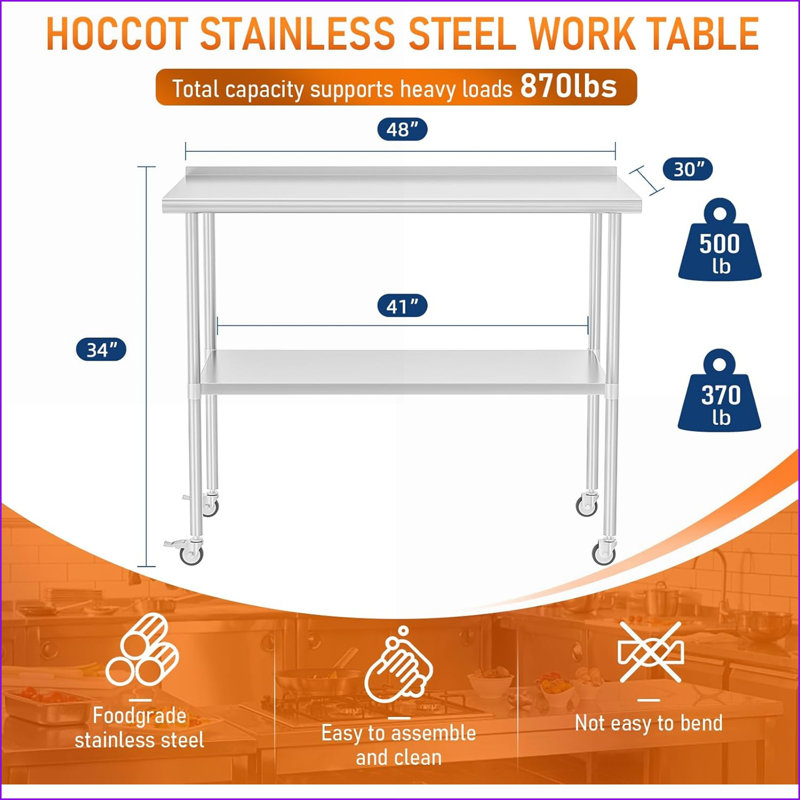 Table basse en acier inoxydable robuste 30 x 48 pouces, certifiée NSF avec tablette réglable et amp; Surface facile à nettoyer