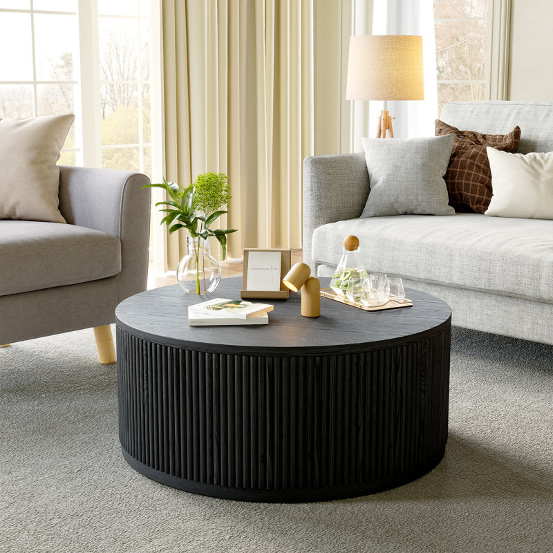 Table basse ronde en bois massif de 36,5 po avec conception cannelée, Noir