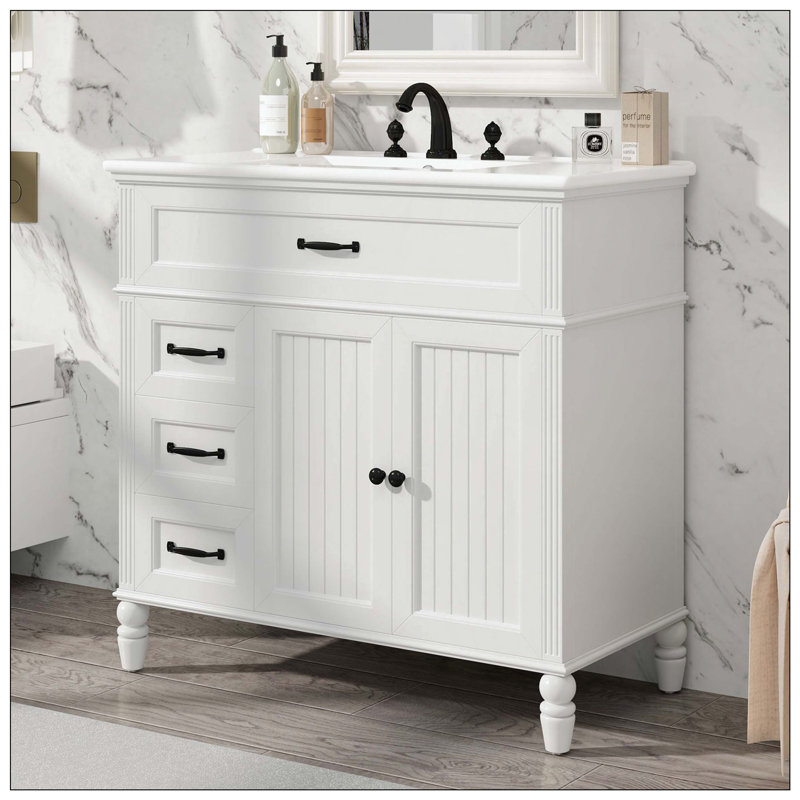 Solid Frame MDF Bathroom Vanity Sink Drawers Cabinet Package, White