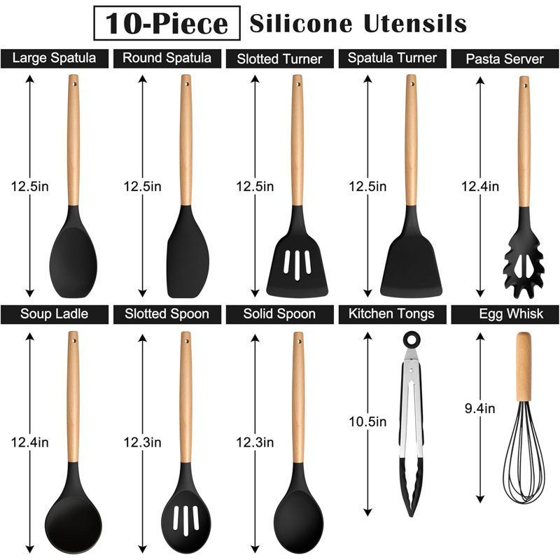 10-Piece Silicone Cooking Utensils Set With Wooden Handle, Heat Resistant Nonstick Kitchen Tools For Safe And Healthy Cooking