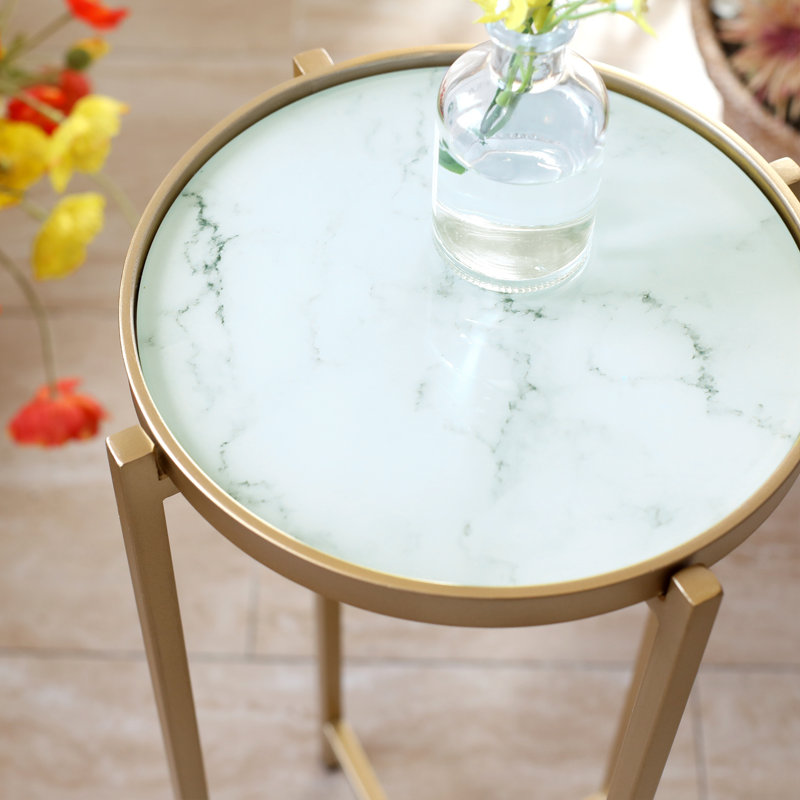 Small Round Gold Marble Side Table with Metal Frame