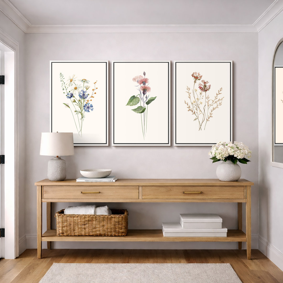 Pastel Wild Flower Daisies Variety Neutral Floral Botanical Framed Canvas 3 Pieces Print Wall Art IDEA4WALL Frame 
