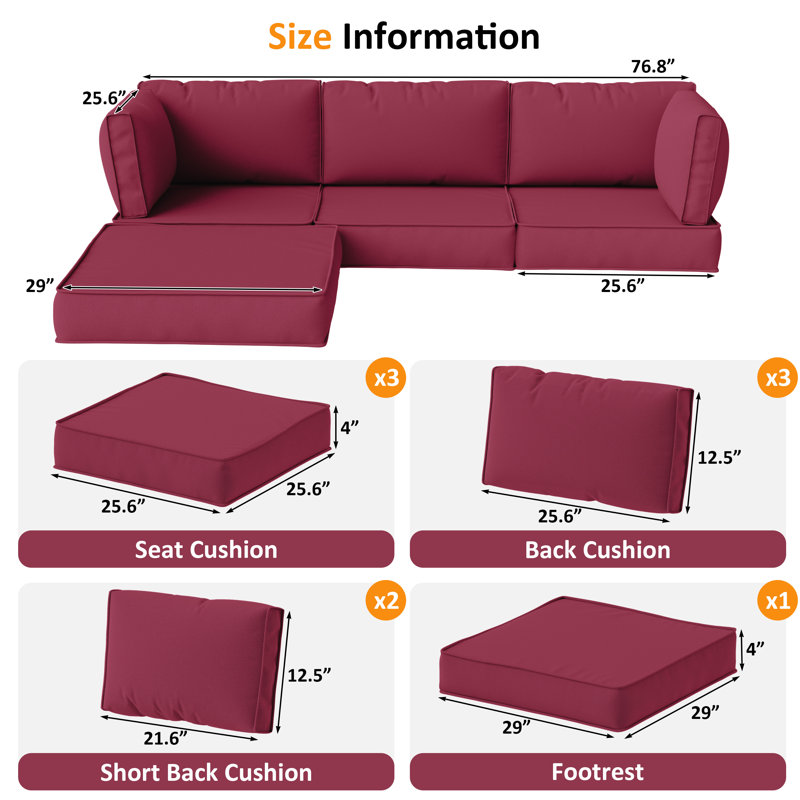 Ensemble de coussins de patio modulaire pour 3 sièges Wynee 9Pcs, Rouge / fuchsia