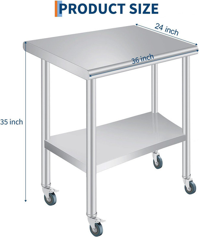 Stainless Steel Prep Table with Backsplash, Adjustable Undershelf & 4 Casters, Heavy Duty, 35" H x 48" L x 24" W