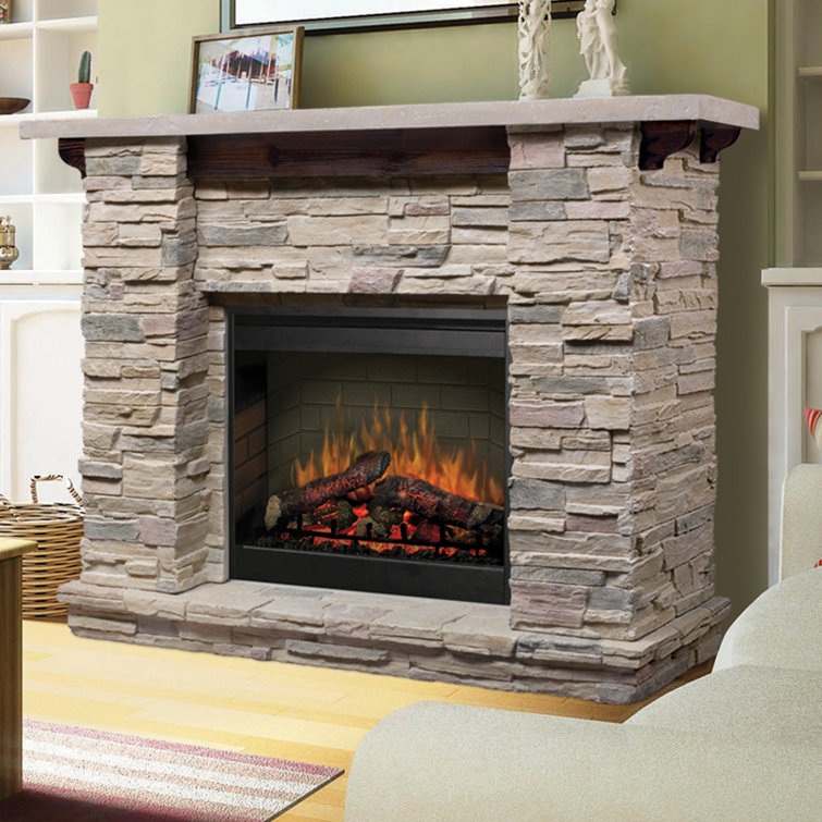 Dimplex Featherston Electric Fireplace with Mantel Surround Package - Pine w/ Grey Stone-Look Shelf