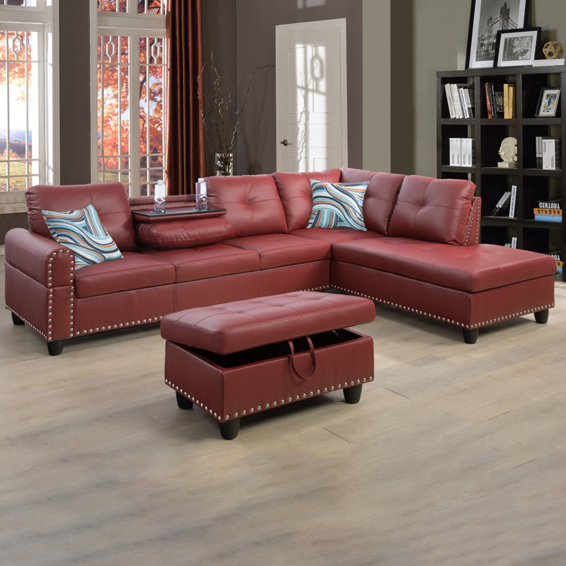 Canapé modulaire avec repose-pieds Plyler, Orienté à droite, Similicuir rouge