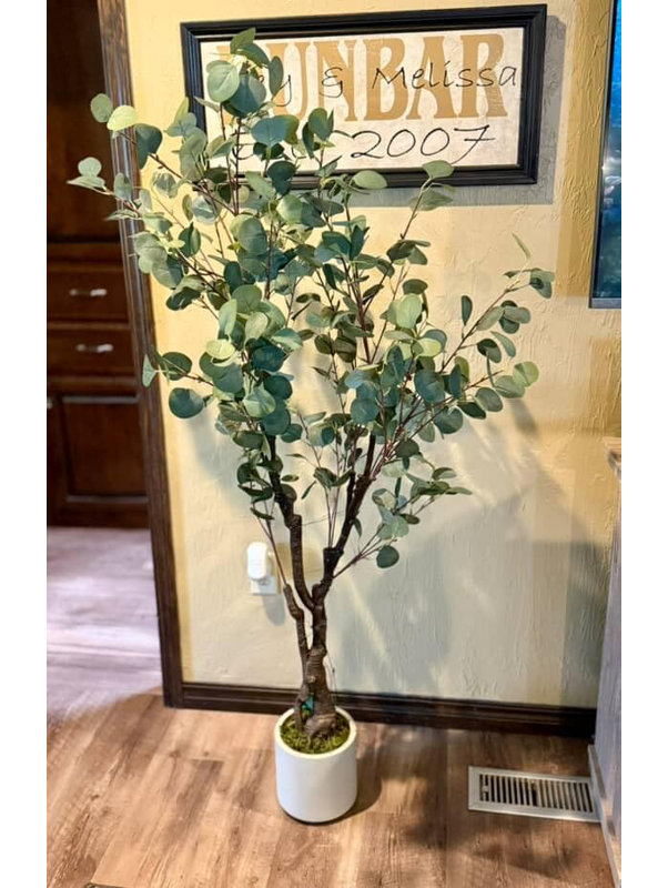 Grand arbre d'eucalyptus artificiel de 5 pi / 6 pi / 7 pi, grande plante de plancher en soie artificielle avec jardinière blanche pour le salon, le bureau et l'entrée