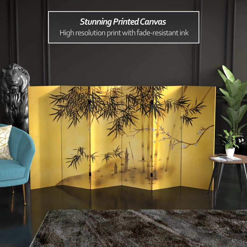 4 ft. Short Double Sided Canvas Folding Screen, Gold with Bamboo