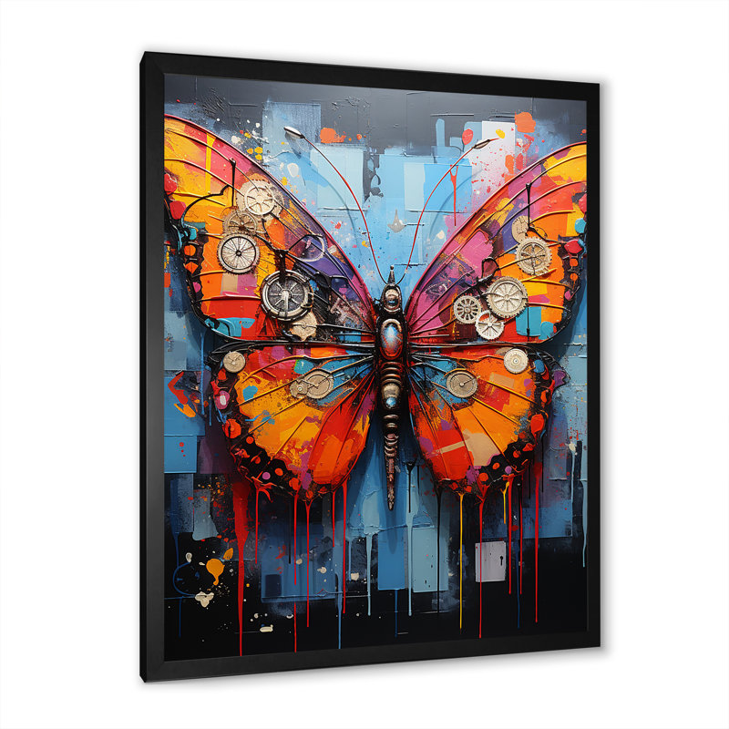 Street art, papillon coloré sur toile, Cadre photo noir simple, H 44 po x l 34 po x P 1,5 po