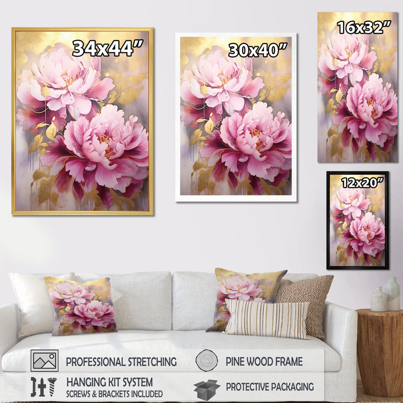 Art sur toile pivoines roses et dorées I Radiance I, H 20 po x l 12 po x P 1 po, Toile tendue