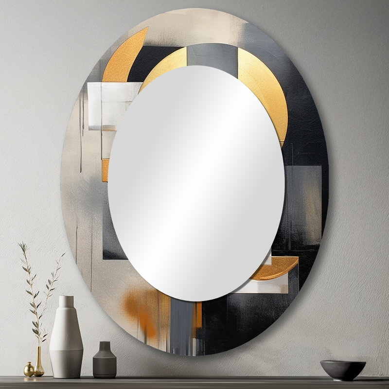 Gold Black Shapes In Harmony - Modern Oval Wall Mirror, 43" x 33"
