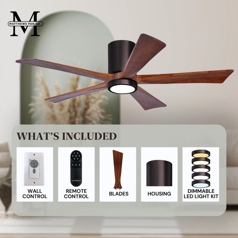 Irene Flushmount Light Kit 5 Blade LED Ceiling Fan, Brushed Bronze, Walnut Tone, 42"