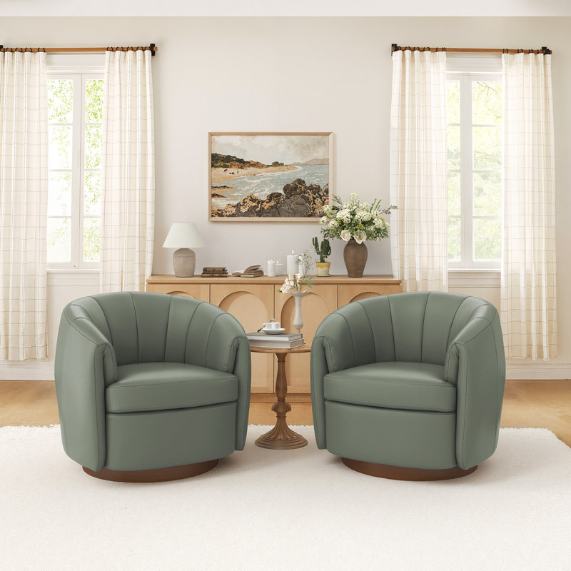 Seraphina Top Grain Leather Swivel Barrel Chair, Grayish Green