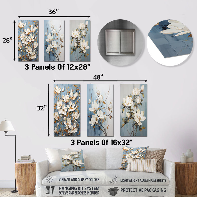 «Magnolias» bleu et doré, ensemble de 3 reproductions d'art en métal, H 28 po x l 36 po