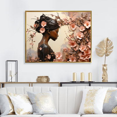 Décoration florale afro-américaine dorée et rose - Décoration murale femme africaine