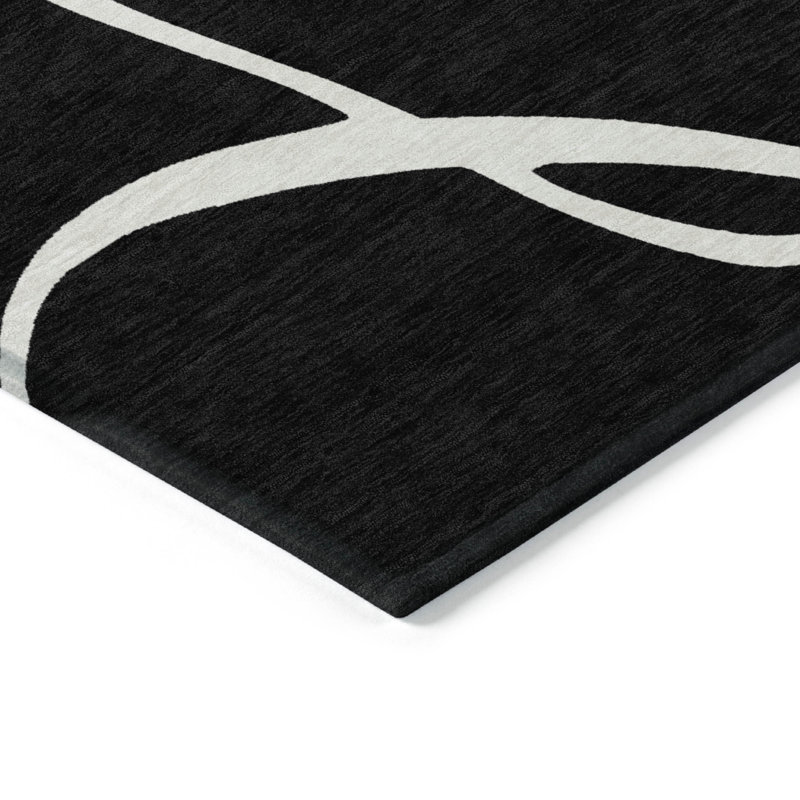 Black and White Abstract Pattern Washable Synthetic Area Rug, 5' x 7'
