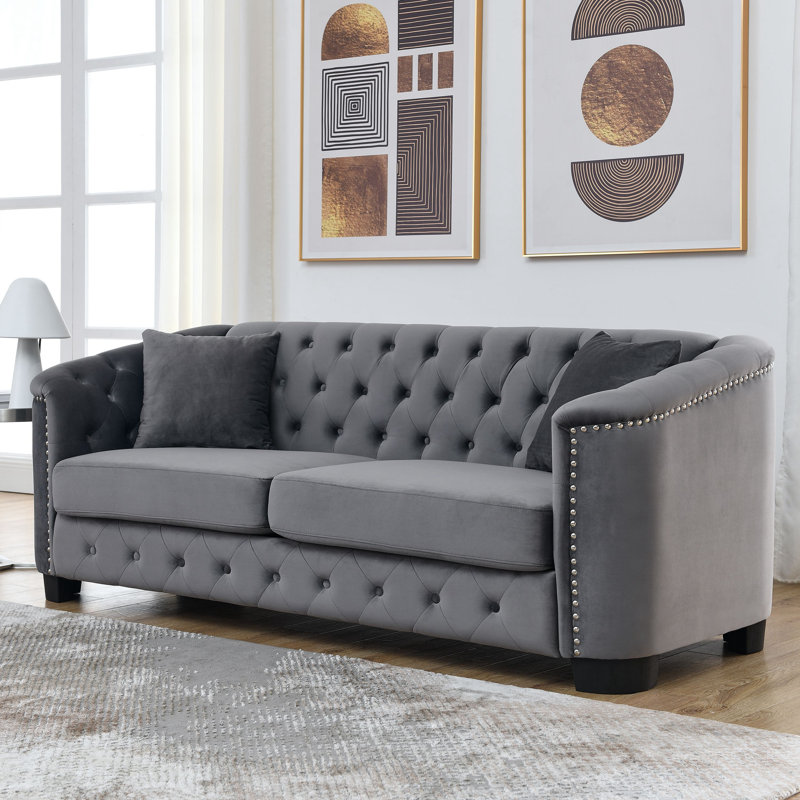 Canapé Hafid, Velours gris velours, H 30 po x l 77 po x P 31,5 po