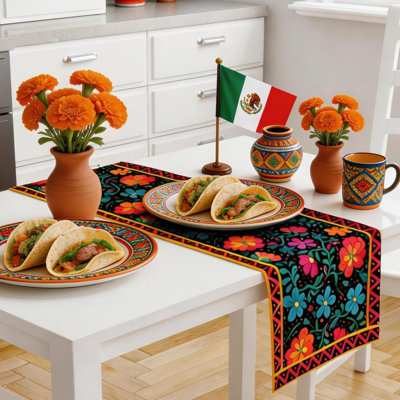 Mexican Fiesta Table Runner - Cinco De Mayo Decorations for Fiesta Party Decorations | Dia De Los Muertos Decorations Cinco De Mayo Rustic Linen Home Dining Room Kitchen Table Decor