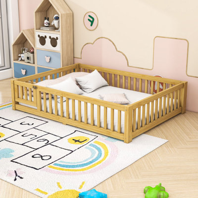 Wooden Bed With Slats And Safety Guardrails