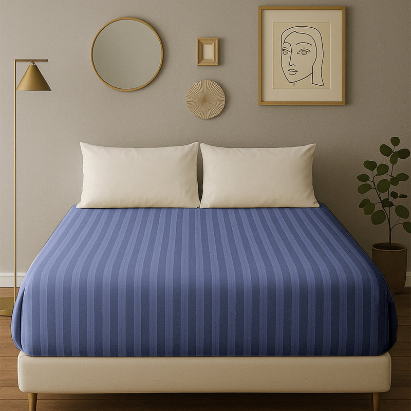 40cm Deep Pocket Microfiber Stripe Fitted Sheet, Single (3'), Washed Blue