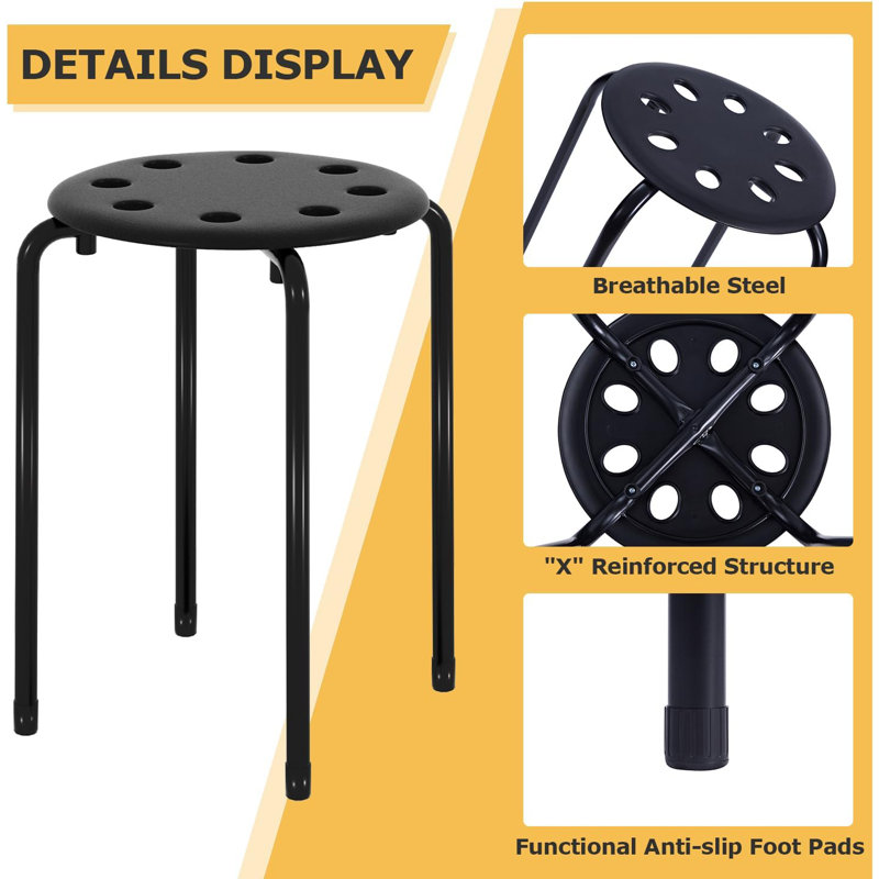 Stackable Black Metal Accent Stool Set of 6 – Heavy Duty Steel Round Stools for Kitchen, Dorm, Classroom, Party & Event Seating