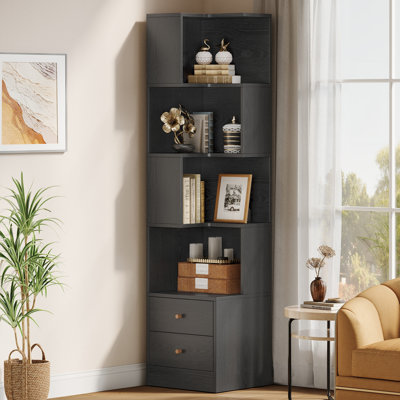Bibliothèque de coin, bibliothèque de coin de 70,87 po de hauteur avec tiroirs, support de rangement pour tablette de coin