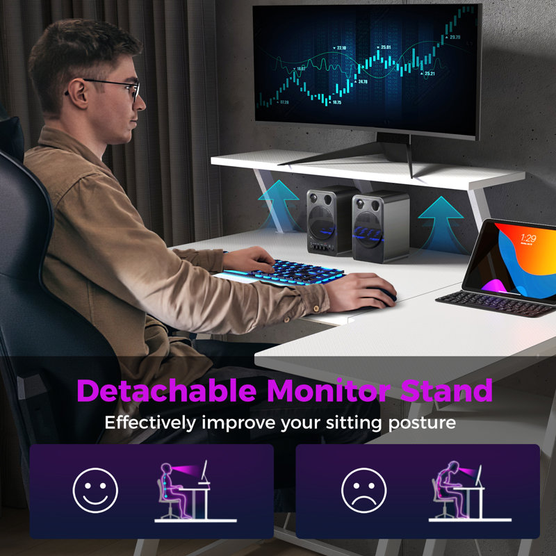 Computer Desk w/ Built-in Charge Station Metal Frame Gaming Desk w/ Monitor Shelf Writing Desk, White