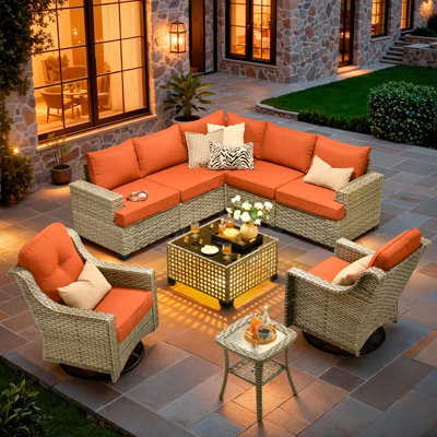 Wahkon 7 - Person Reversible Modular Outdoor Conversation Set,Wicker Patio Seating Group with Lighted Coffee Table, All Weather Swivel Chair Set with Cushions