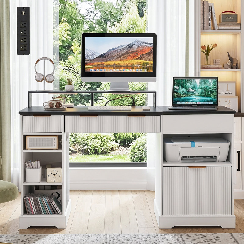 Grand bureau de direction moderne cannelé de 55,11 po avec rangement pour dossiers, bureau à domicile en bois avec station de charge, bureau d'ordinateur à 3 tiroirs, bureau d'écriture à DEL avec support pour écran, cadeau