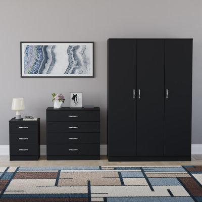 Maybery 3 Piece Bedroom Set (3 Drawer Bedside Chest, 4 Drawer Chest, 3 Door Wardrobe), (5)