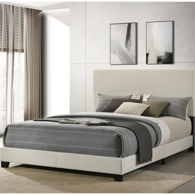 Queen Size Cream Upholstered Bed With Comfortable Padded Headboard, Wood And Foam, Black Solid Legs, Contemporary Bedroom Style For Queen, Rubberwood Engineered Wood, Design