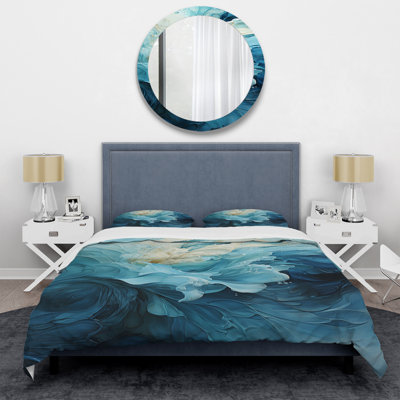 Ensemble de housse de couette Aqua Blue and White Serenity Swirl III - Abstract Spirals