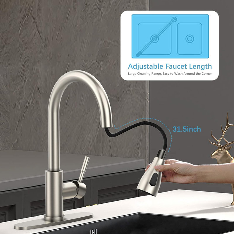 Robinet d'évier, robinet de cuisine en nickel brossé avec douchette rétractable, robinet commercial moderne