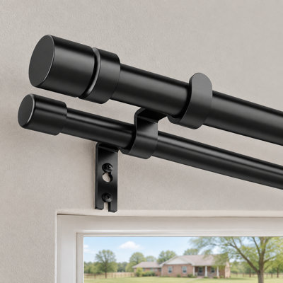 For Living Room or Bedroom Windows, this Heavy-Duty Decorative Double-Rod setup pairs a 1 Inch Drapery Rod with a 5/8 Inch Adjustable Small Black Rod; listed for Windows 48 to 84 with Size 32"-90"