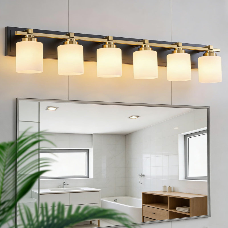 Modern 6-Light Bathroom Vanity Light Fixture For Over Mirror, Black Gold Wall Sconce With Milky White Glass Shades, E26 Socket (Bulbs Not Included)