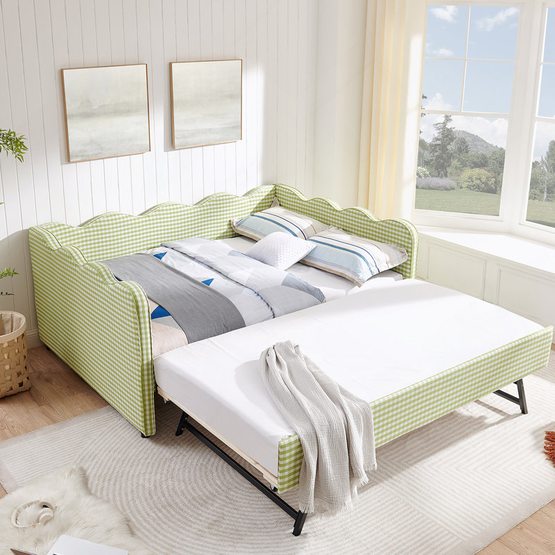 Lit de jour double en vichy double avec couchette simple sans sommier, avec port USB et adorable tissu en forme de vague
