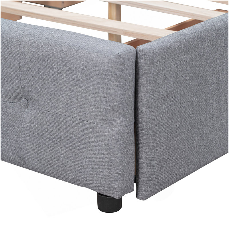 Lit plateforme tapissier avec tête de lit classique et 4 tiroirs, aucun sommier nécessaire, tissu en lin, grand lit gris clair