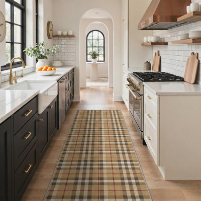 Tapis d'intérieur moderne damier lavable à la machine couleur noisette avec envers antidérapant