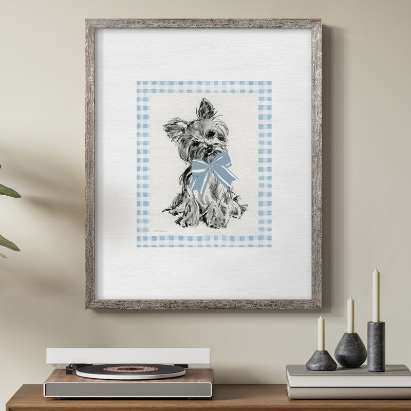 «Blue Bow Yorkie», reproduction encadrée - bois massif, H 11 po x l 9 po