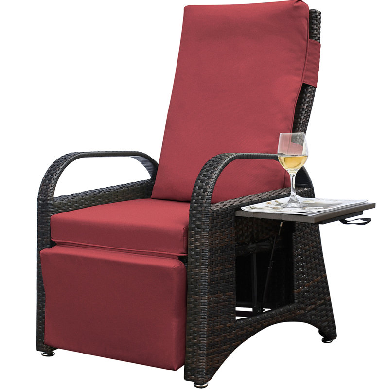 Fauteuil inclinable à inclinaison réglable avec coussin tissé à la main, coussin amovible et table pratique pour le jardin