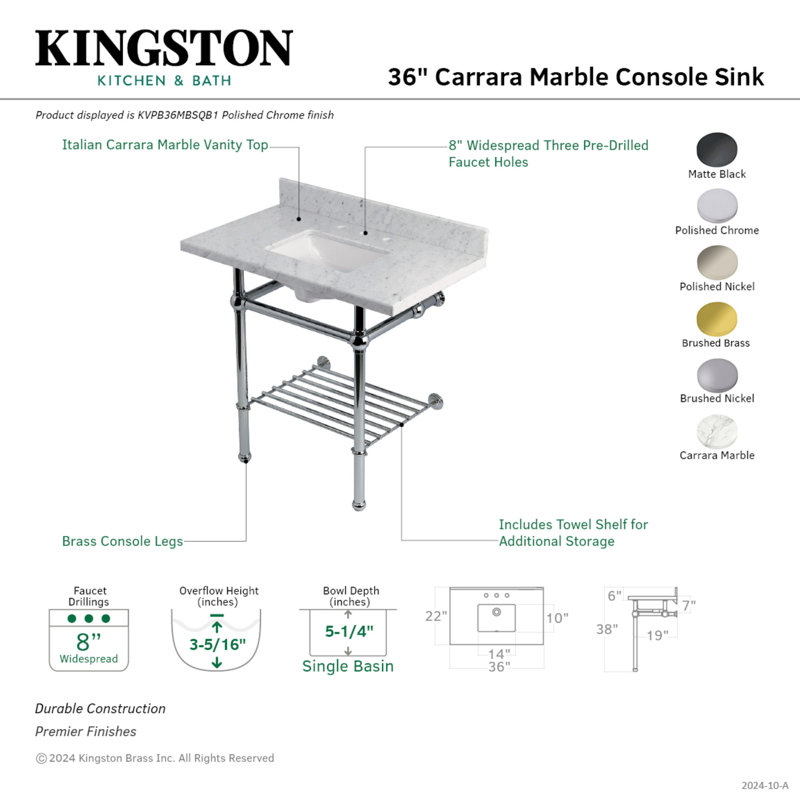 Kingston Brass Templeton 36-Inch Carrara Marble Console Sink with Brass Legs and Shelf (8-Inch, 3-Hole)