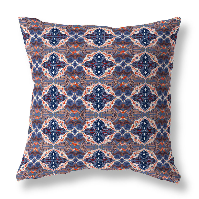 Blue and Red Geometric Floral Reversible Throw Pillow